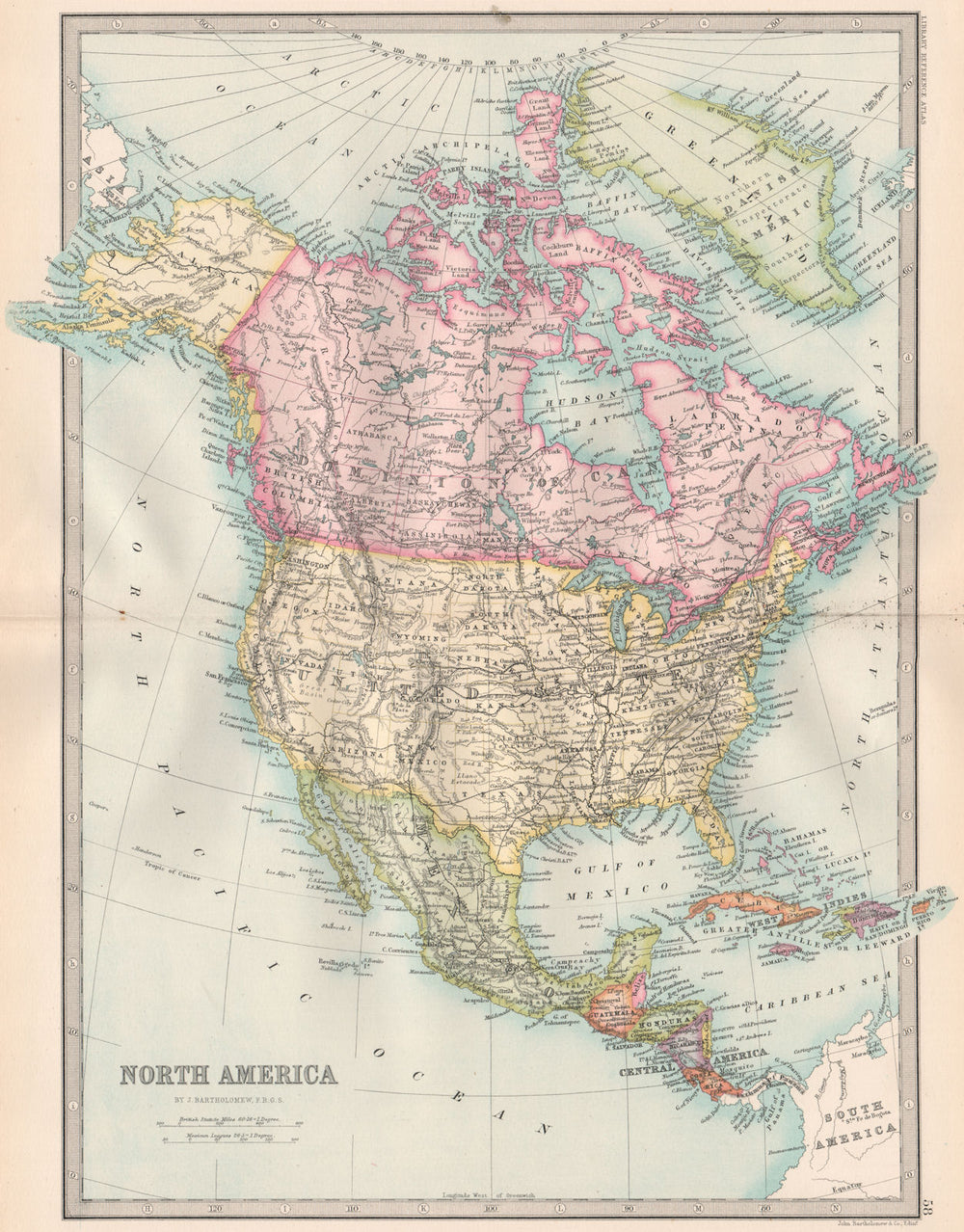 NORTH AMERICA. USA Mexico Canada "Danish America". BARTHOLOMEW 1890 old map