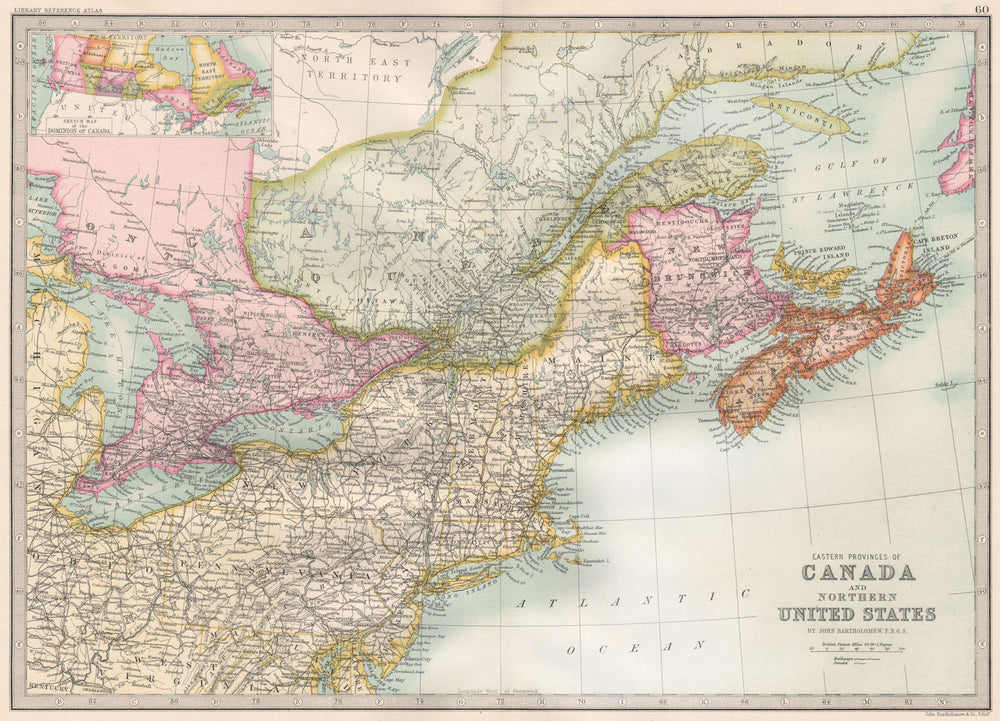 CANADA/US ATLANTIC COAST. Eastern seaboard. BARTHOLOMEW 1890 old antique map