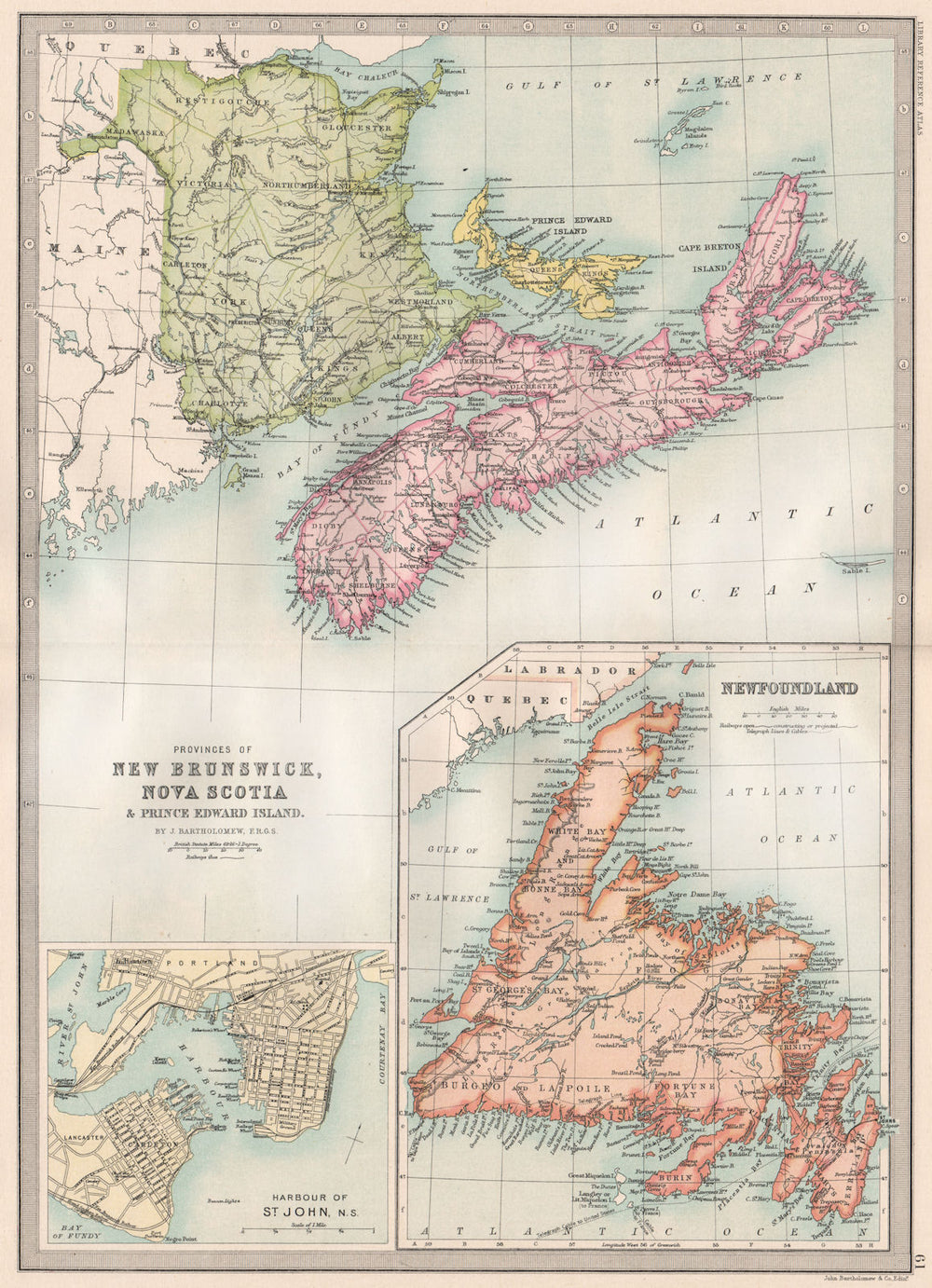 CANADA MARITIME PROVINCES. New Brunswick NS PE Newfoundland. St. John 1890 map