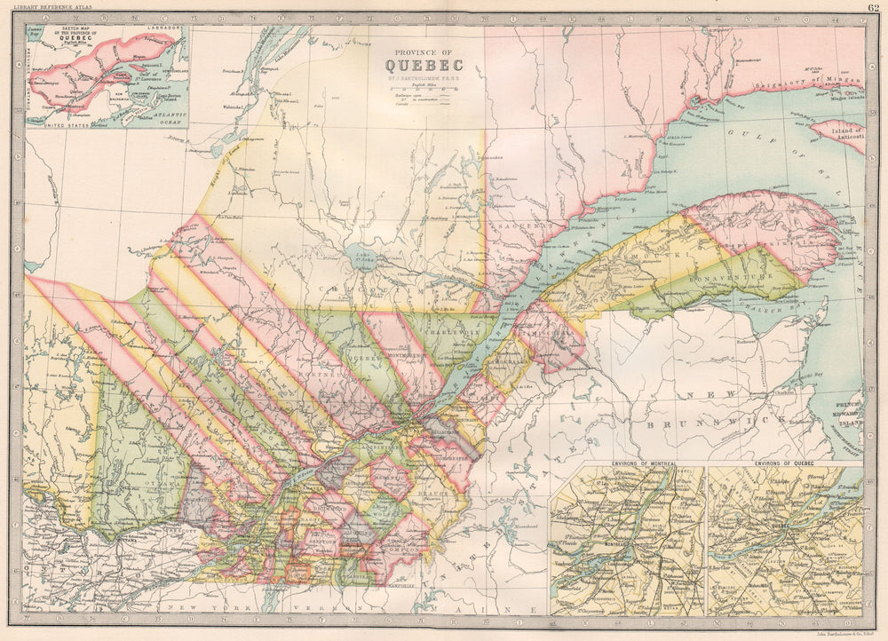 QUEBEC QUÉBEC. Showing counties. BARTHOLOMEW 1890 old antique map plan chart