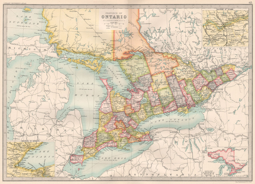 ONTARIO. showing counties. BARTHOLOMEW 1890 old antique vintage map plan chart