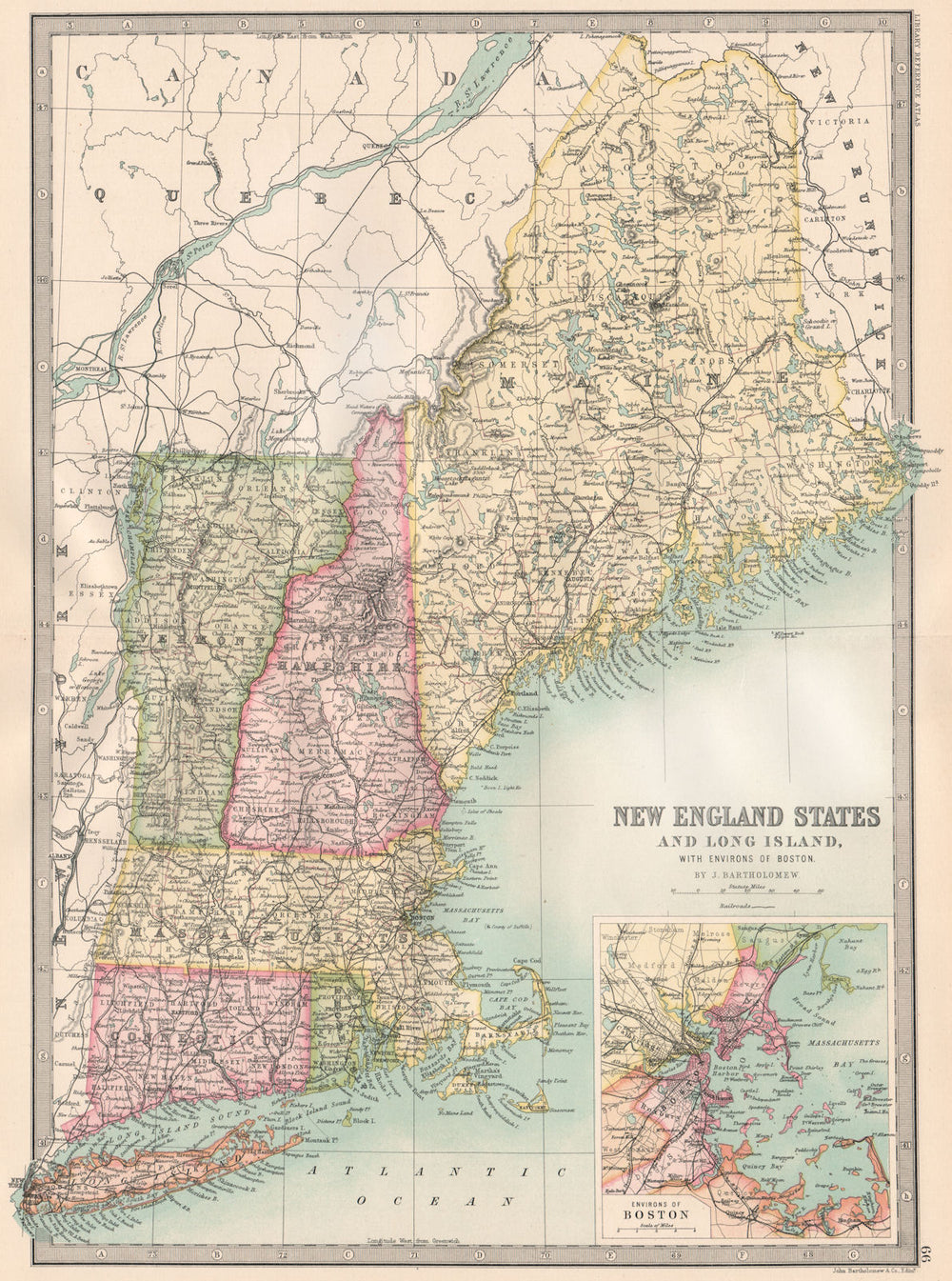 NEW ENGLAND AND LONG ISLAND. Inset, map of Boston harbour. BARTHOLOMEW 1890