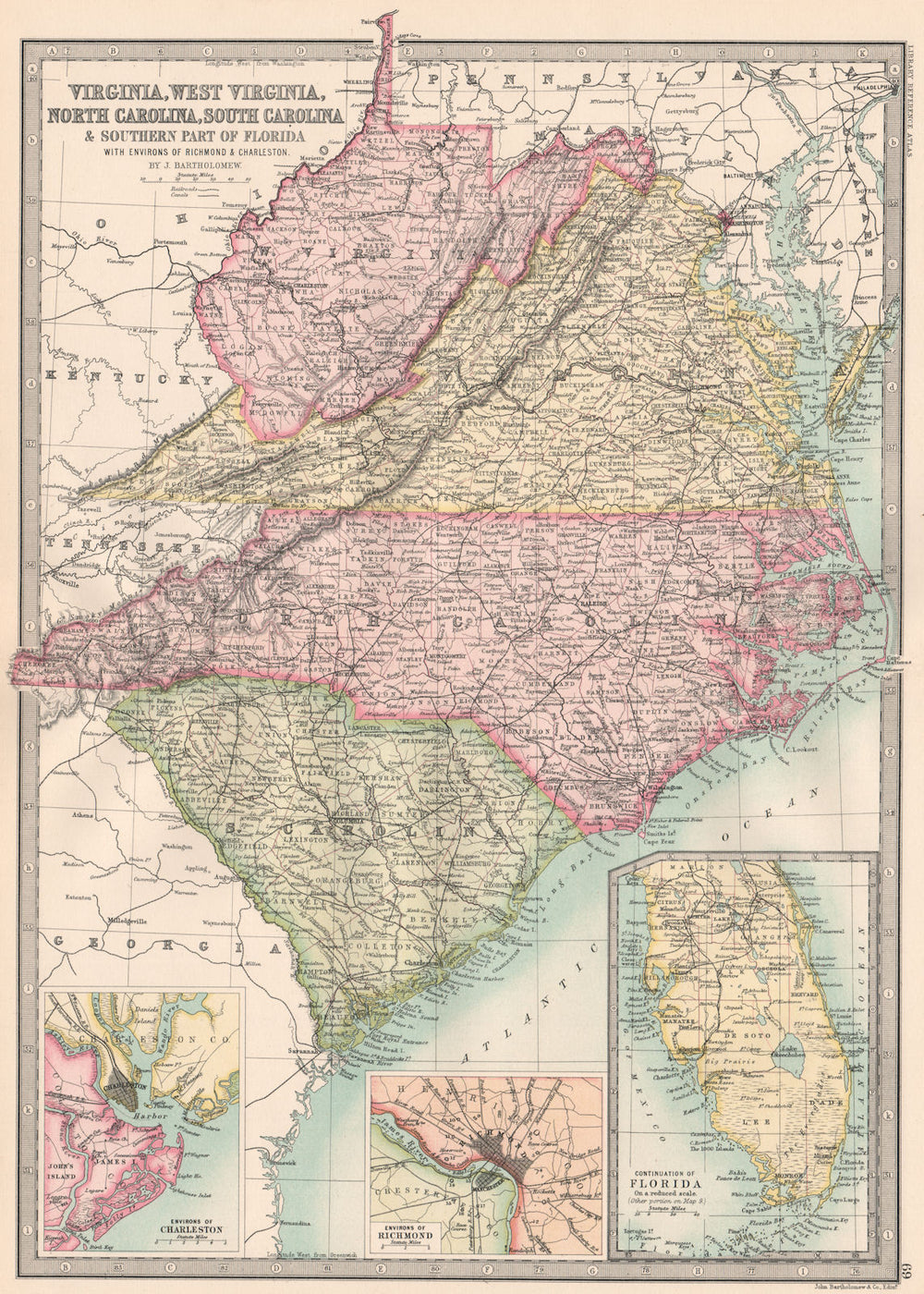 SOUTHEASTERN USA. VA WV North/South Carolina FL. Richmond Charleston 1890 map