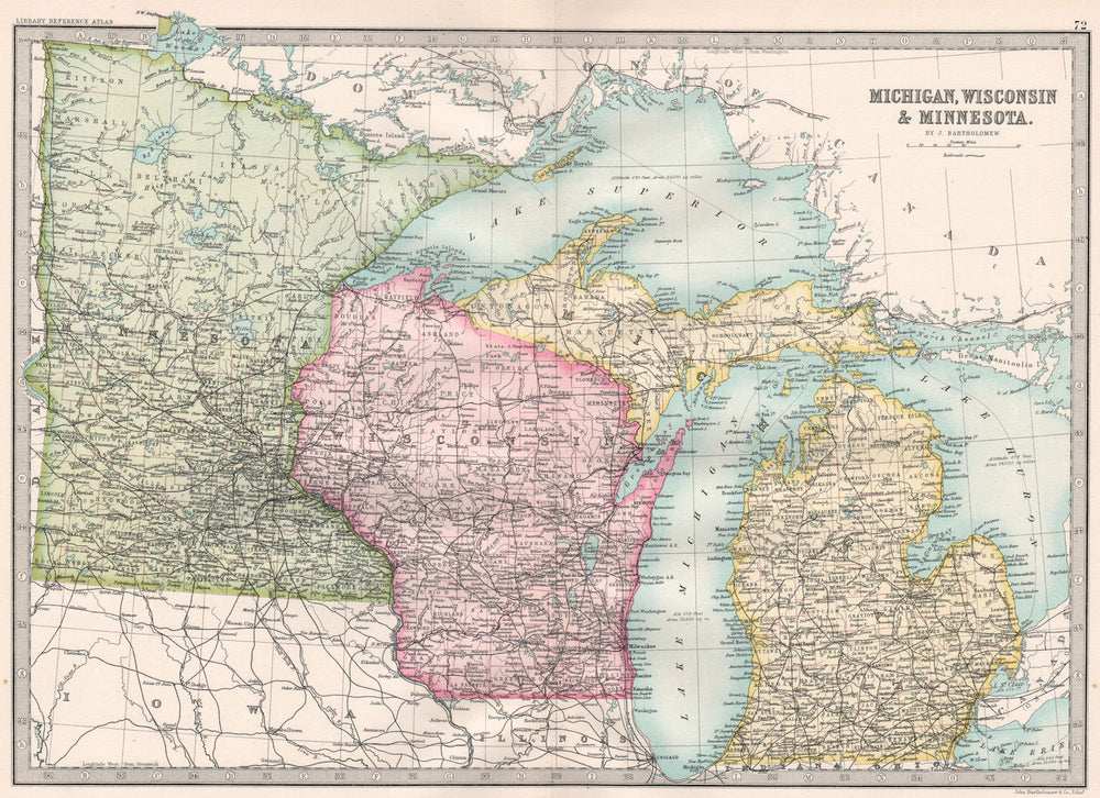 MIDWESTERN USA. Michigan, Wisconsin & Minnesota. BARTHOLOMEW 1890 old map