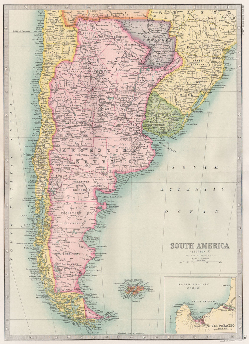 CAPE HORN. Argentina Chile Paraguay & Uruguay. BARTHOLOMEW 1890 old map