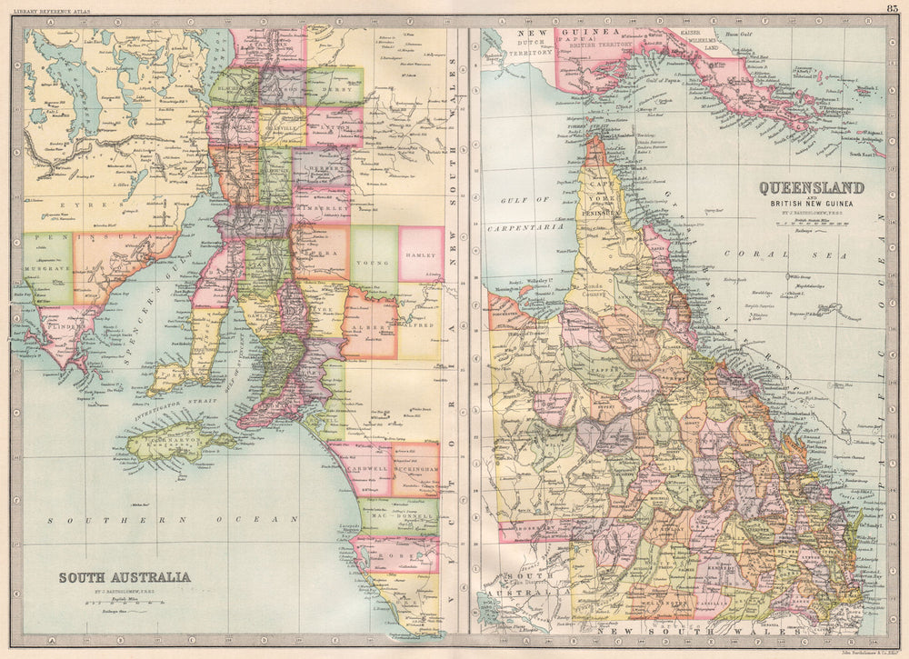 AUSTRALIA.South Australia;Queensland & British New Guinea.BARTHOLOMEW 1890 map