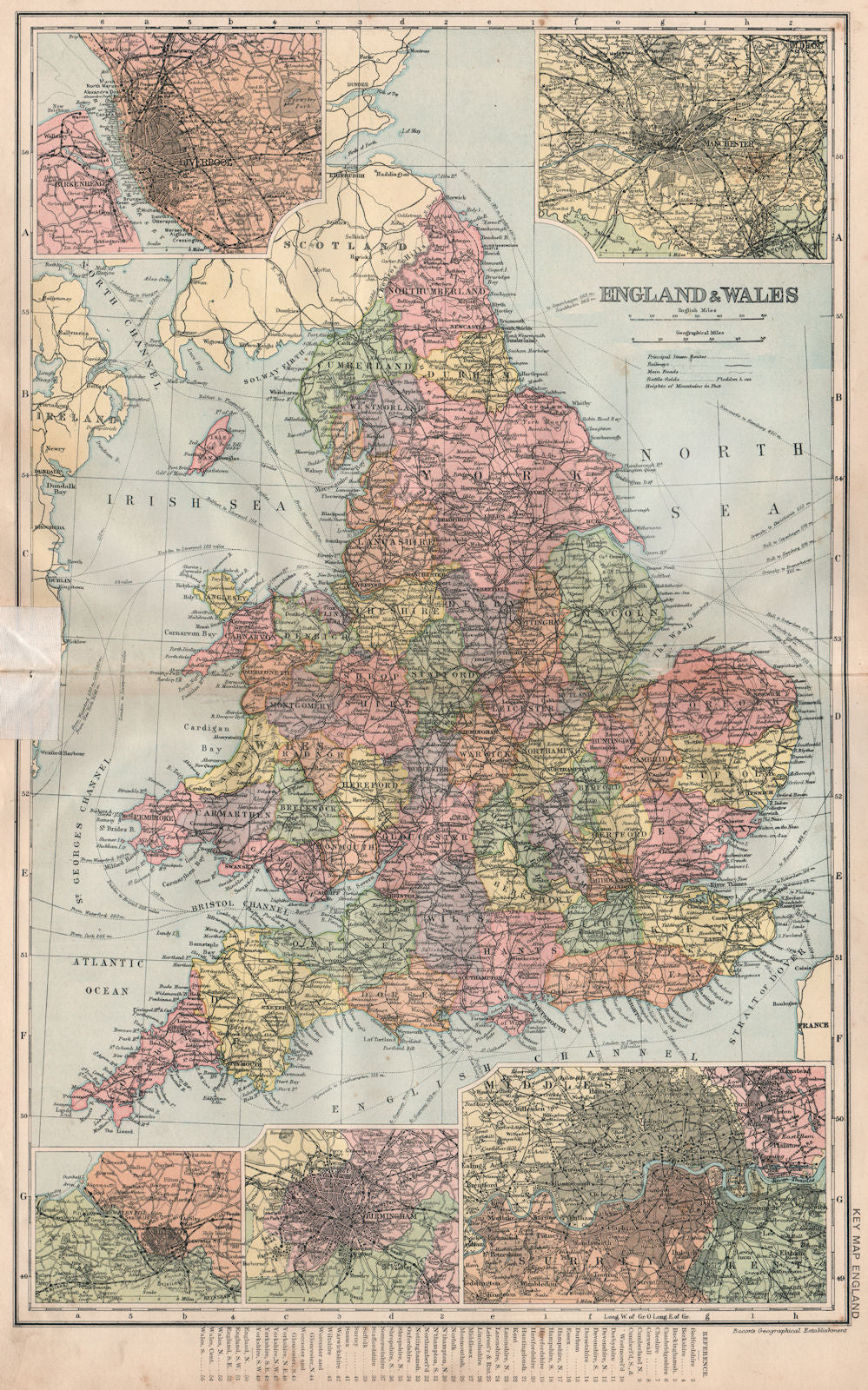 ENGLAND & WALES. Liverpool Manchester Bristol Birmingham London. BACON 1896 map