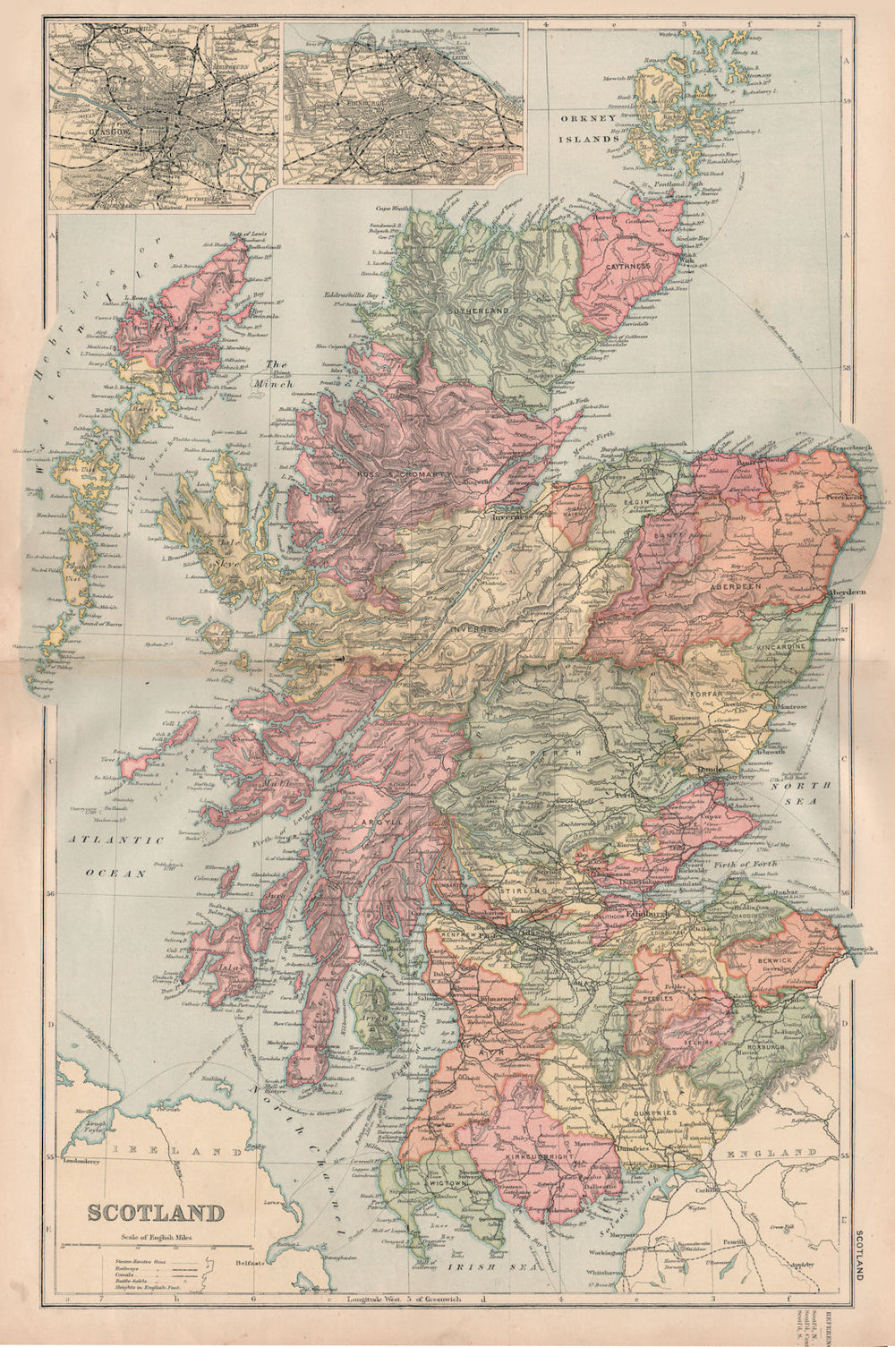 SCOTLAND. inset Glasgow & Edinburgh. BACON 1896 old antique map plan chart