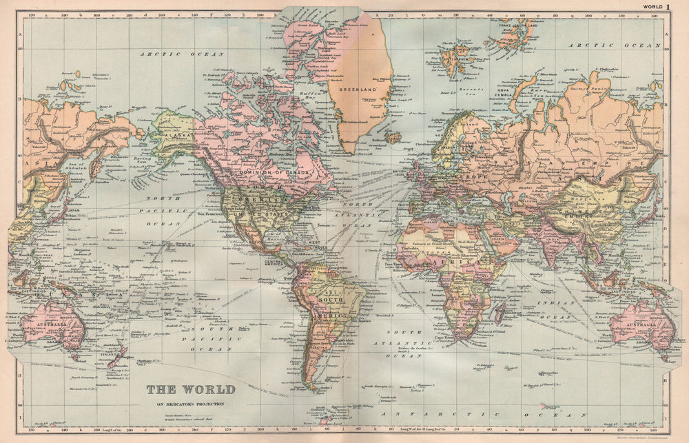 WORLD. on Mercator's Projection. Shipping routes. BACON 1896 old antique map