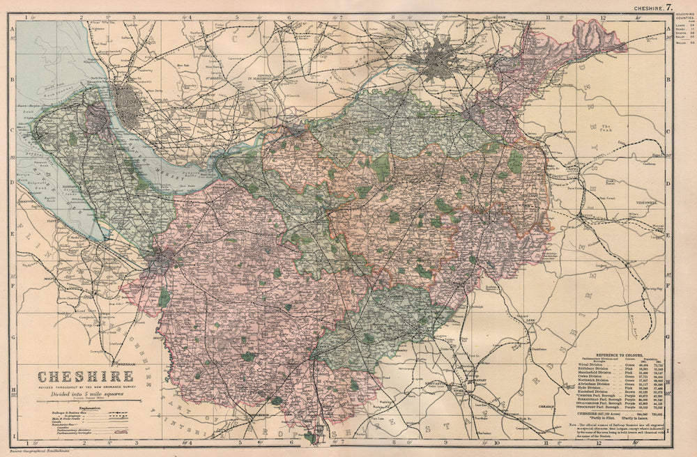 CHESHIRE. Showing Parliamentary divisions, boroughs & parks. BACON 1896 map