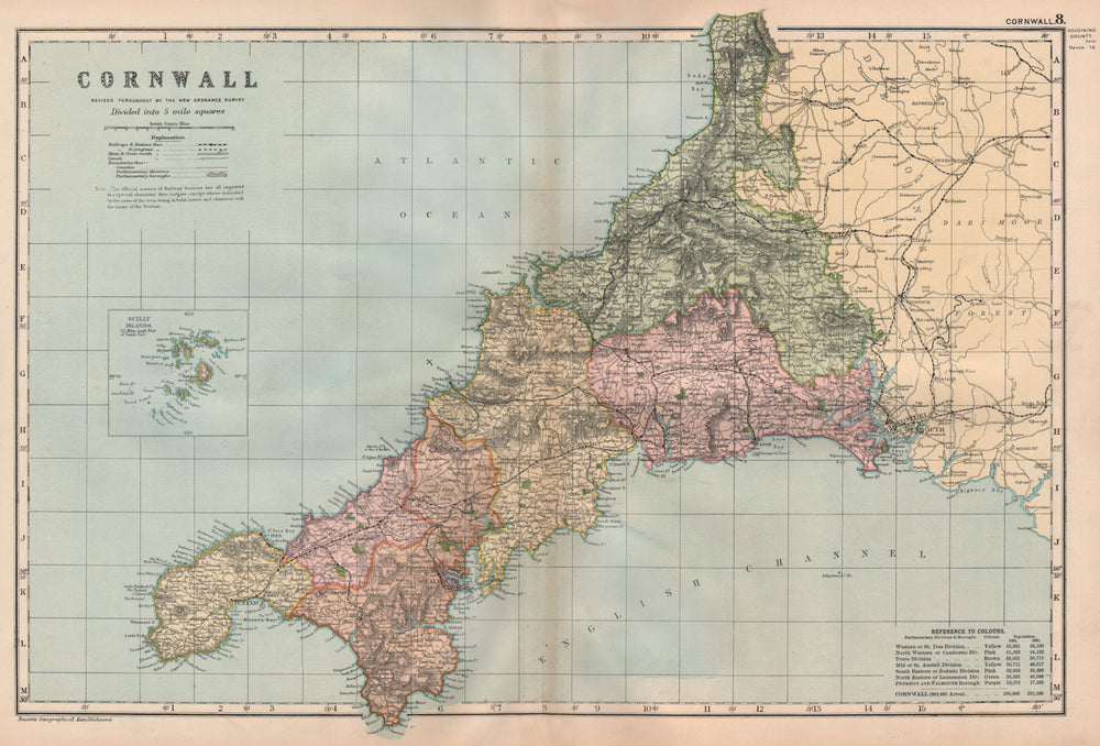 CORNWALL. Showing Parliamentary divisions, boroughs & parks. BACON 1896 map