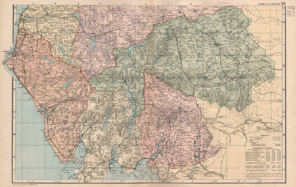 LAKE DISTRICT. Cumbs S Westmoreland. Parliamentary divisions. BACON 1896 map