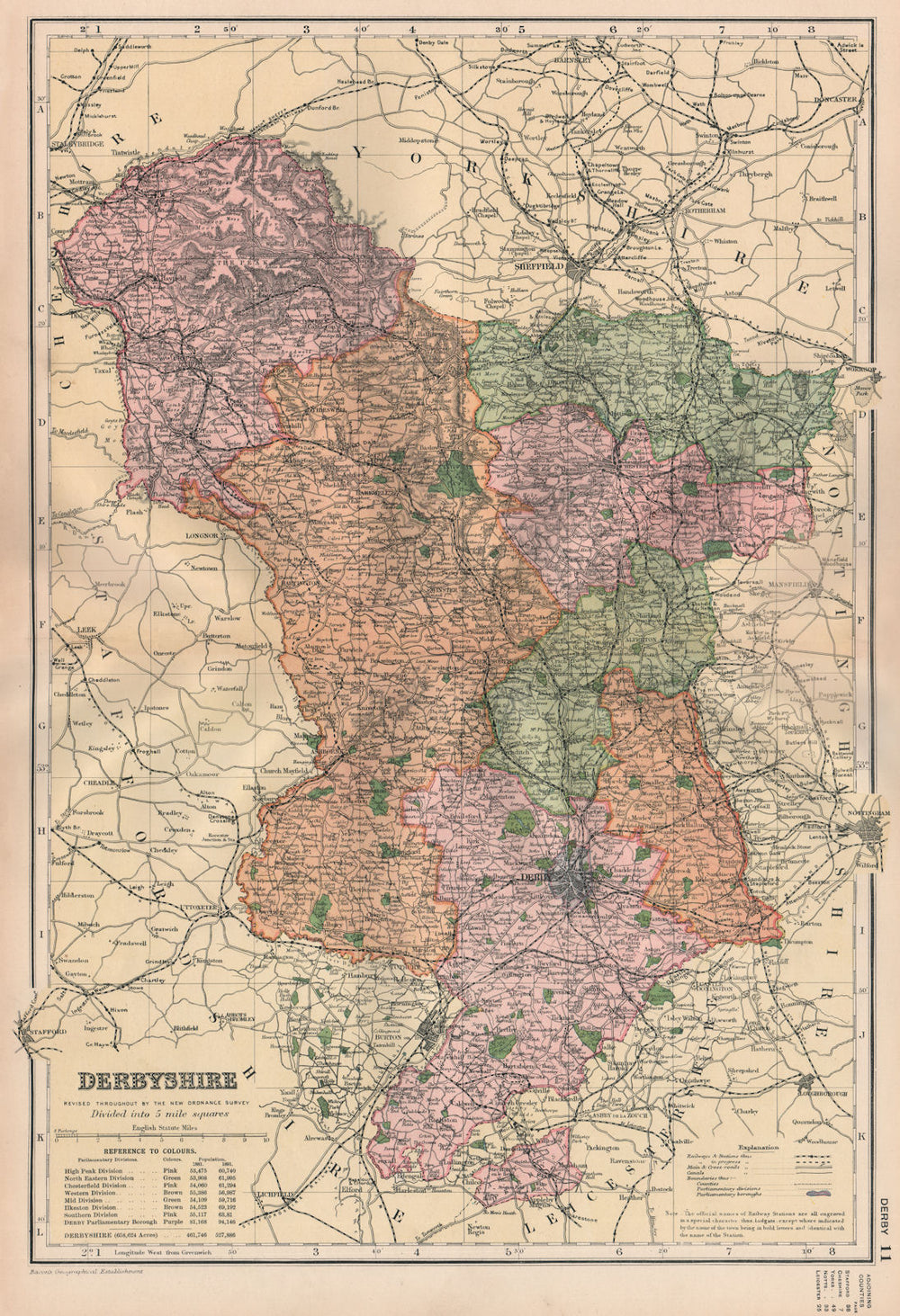 DERBYSHIRE. Showing Parliamentary divisions, boroughs & parks. BACON 1896 map