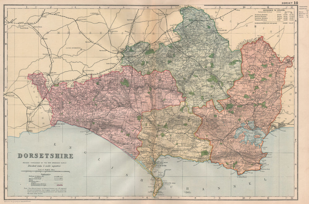 DORSETSHIRE. Parliamentary divisions, boroughs & parks. Dorset. BACON 1896 map