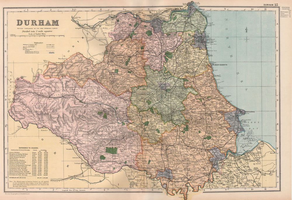 DURHAM. Showing Parliamentary divisions, boroughs & parks. BACON 1896 old map