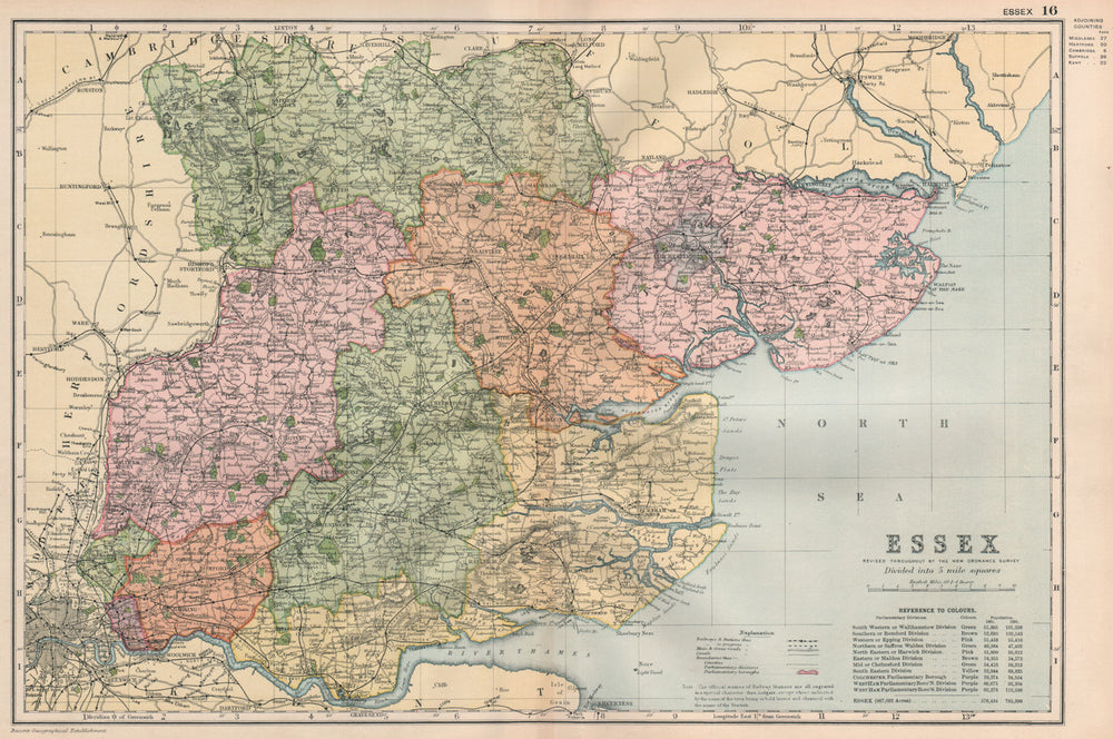 ESSEX. Showing Parliamentary divisions, boroughs & parks. BACON 1896 old map