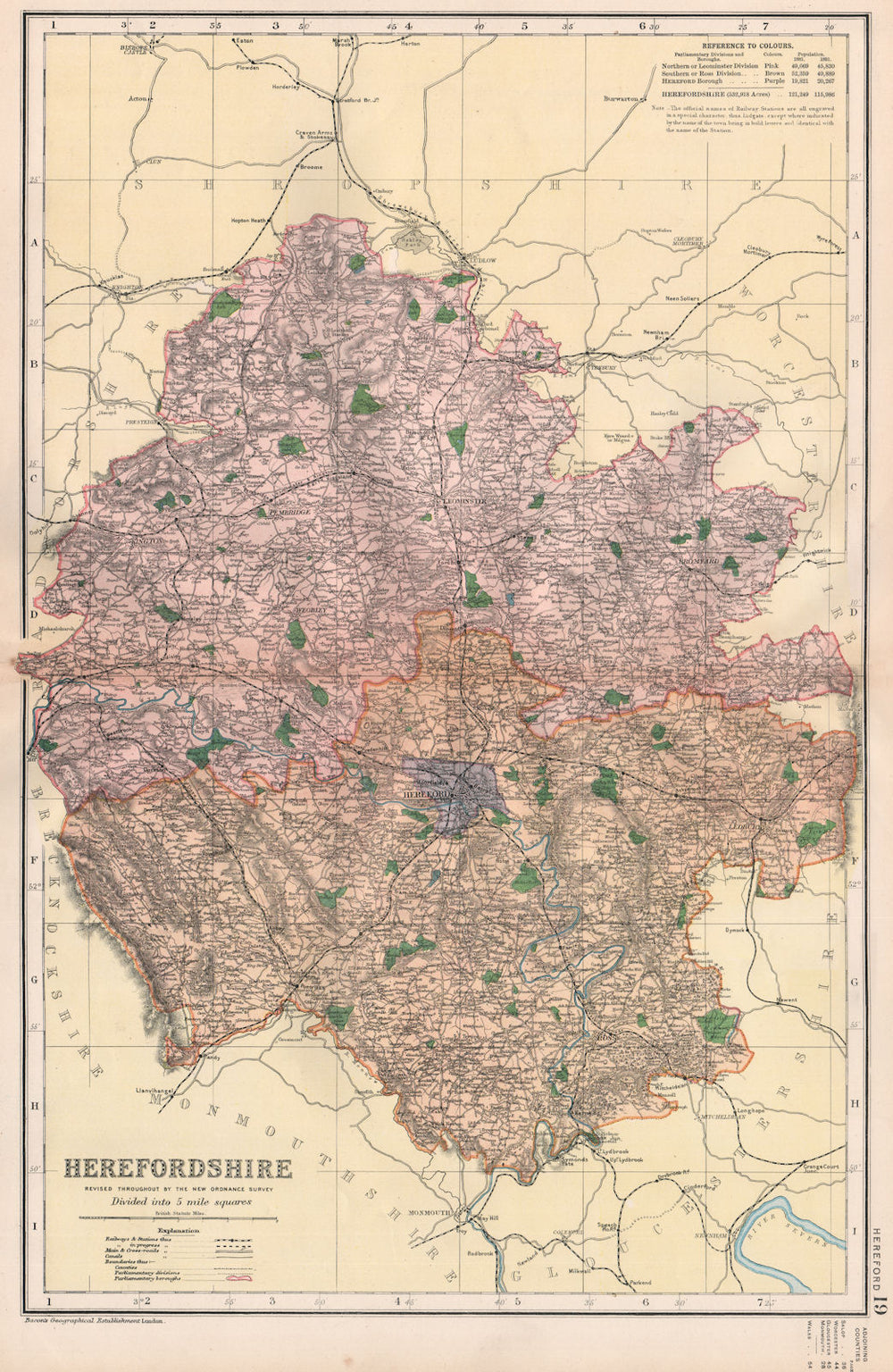 HEREFORDSHIRE. Showing Parliamentary divisions, boroughs & parks. BACON 1896 map