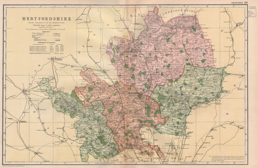 HERTFORDSHIRE. Showing Parliamentary divisions, boroughs & parks. BACON 1896 map