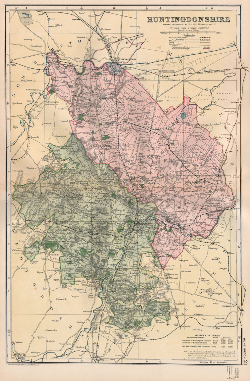 HUNTINGDONSHIRE.Showing Parliamentary divisions,boroughs & parks.BACON 1896 map