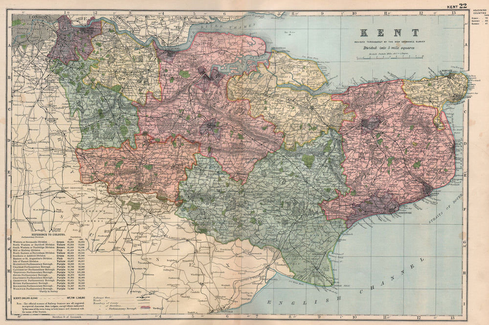 KENT. Showing Parliamentary divisions, boroughs & parks. BACON 1896 old map