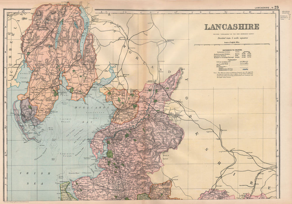 LANCASHIRE (NORTH) . Showing Parliamentary divisions & parks. BACON 1896 map