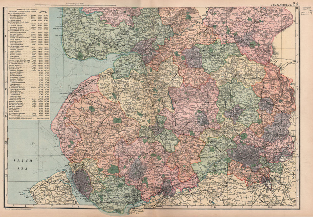 LANCASHIRE (SOUTH) . Showing Parliamentary divisions & parks. BACON 1896 map