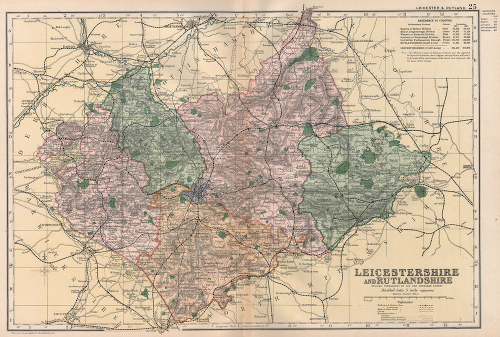 LEICESTERSHIRE AND RUTLANDSHIRE. Parliamentary divisions & parks. BACON 1896 map