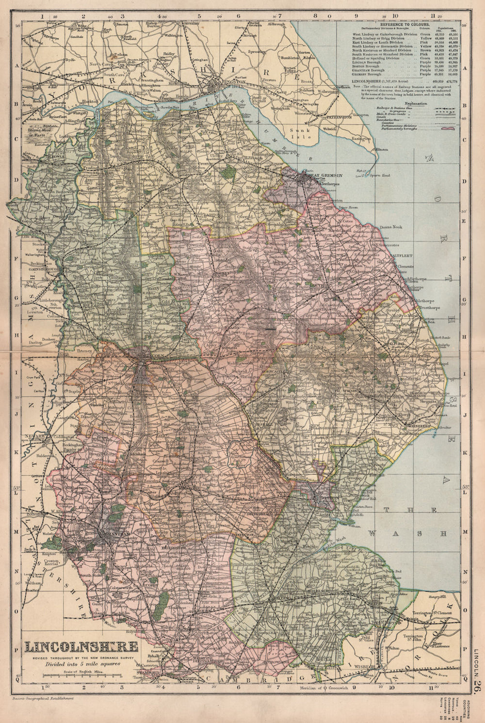 LINCOLNSHIRE. Showing Parliamentary divisions, boroughs & parks. BACON 1896 map