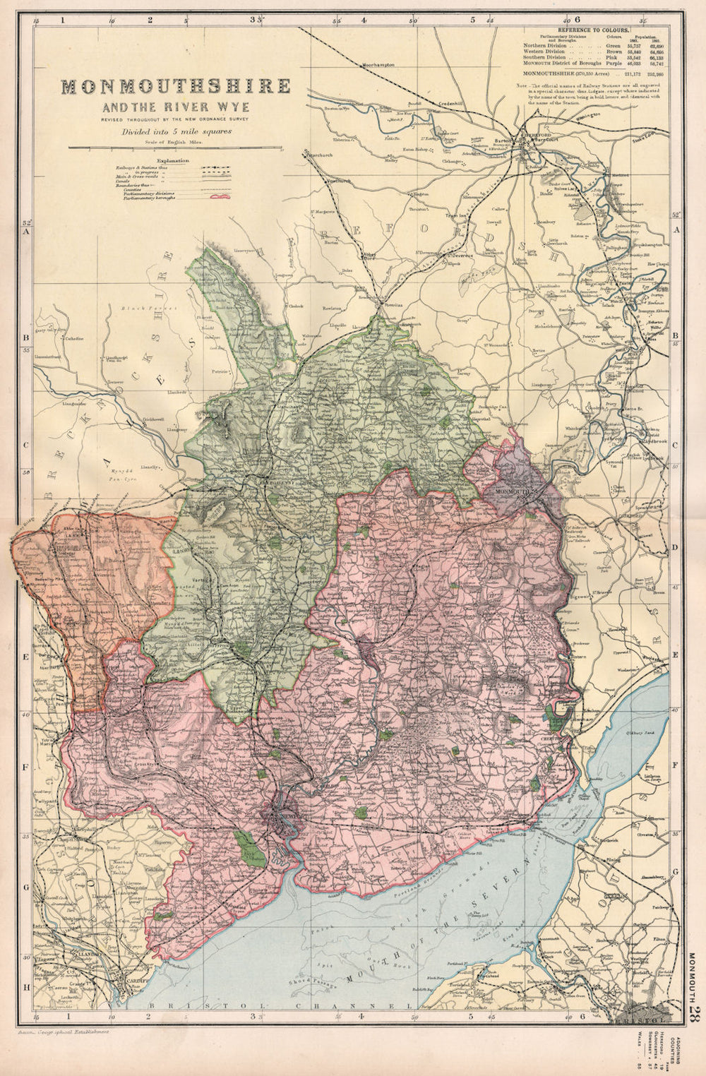 MONMOUTHSHIRE AND THE RIVER WYE.Constituencies,boroughs & parks.BACON 1896 map