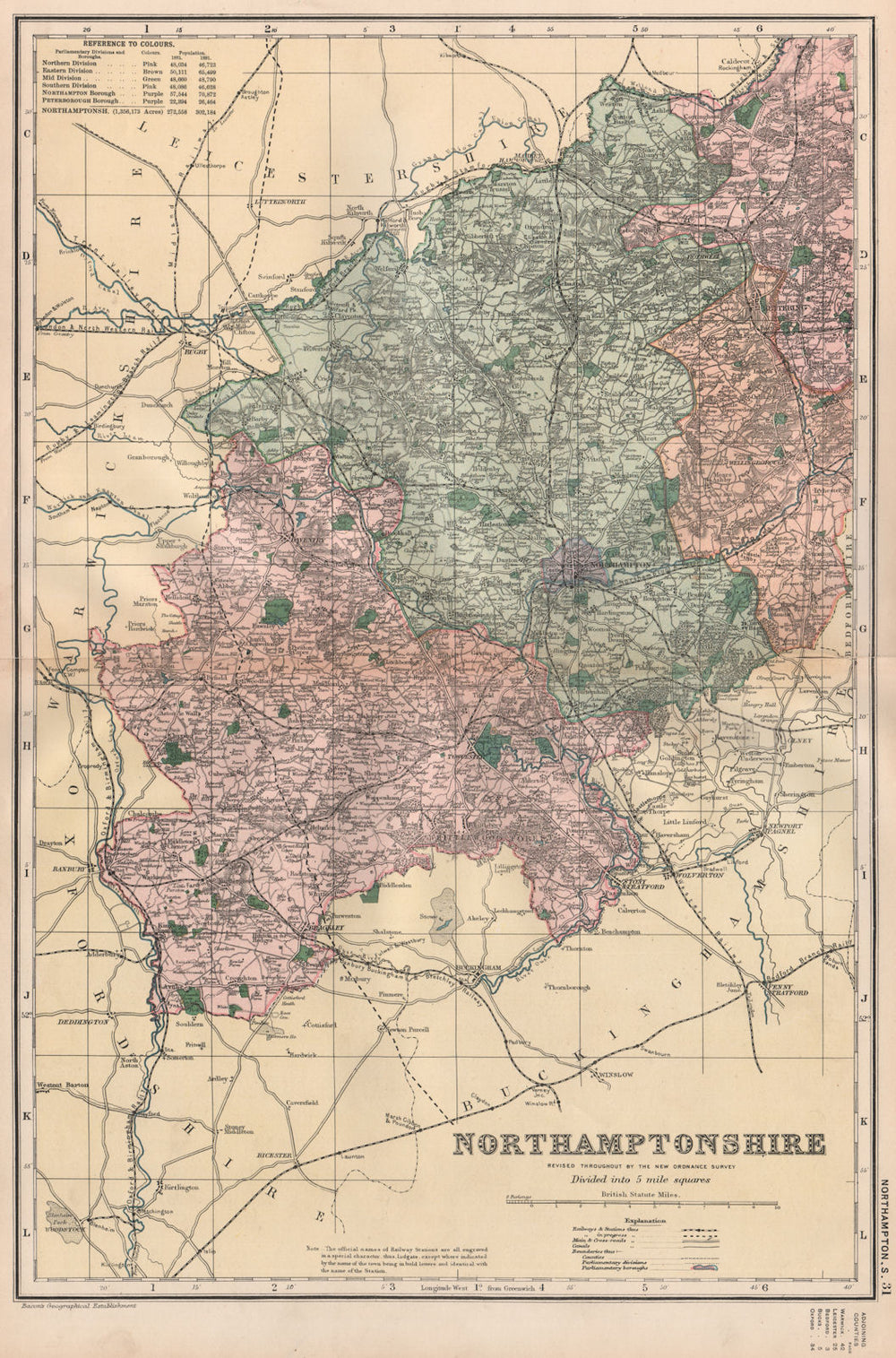 NORTHAMPTONSHIRE (SOUTH) . Constituencies, boroughs & parks. BACON 1896 map