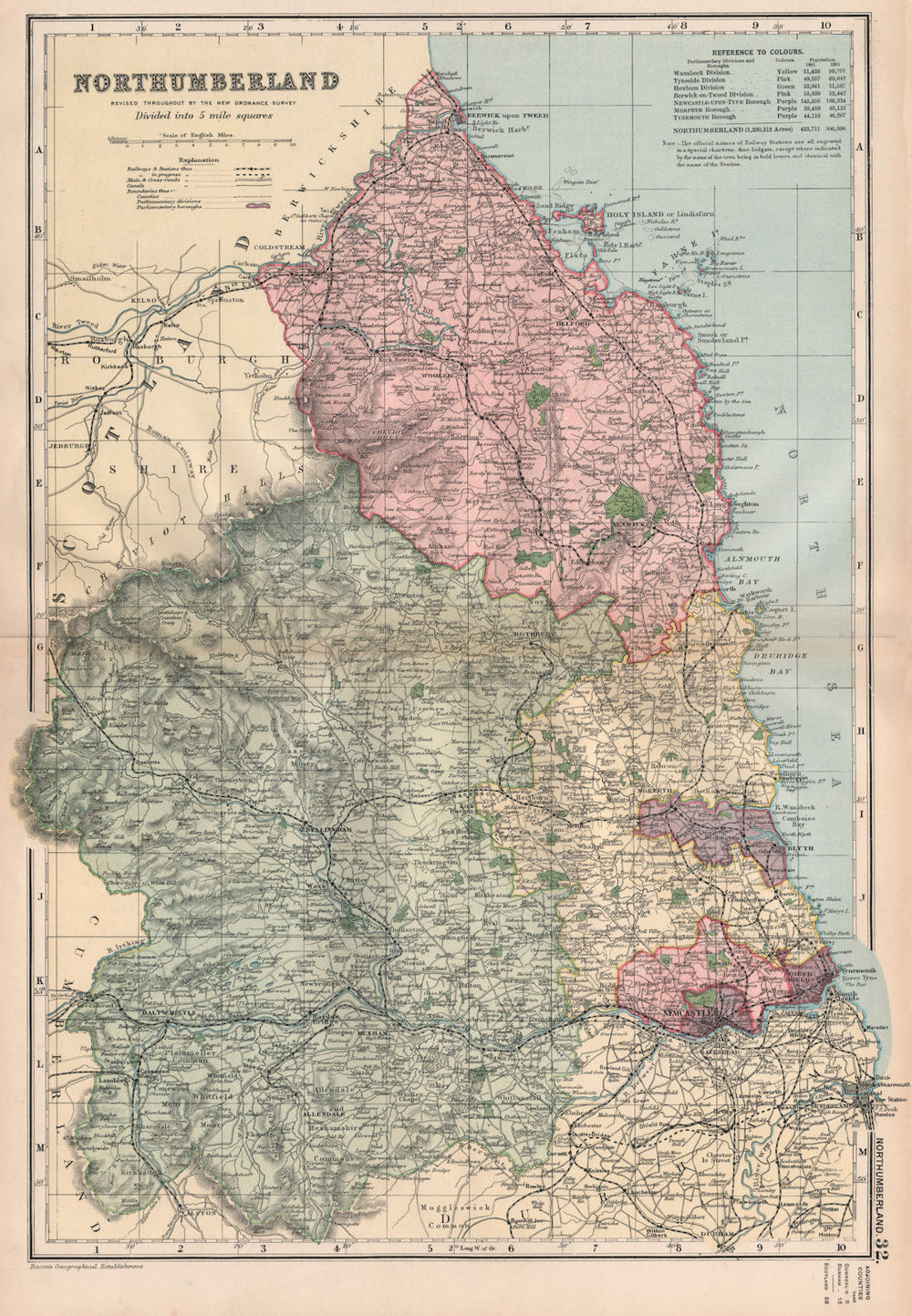 NORTHUMBERLAND.Showing Parliamentary divisions,boroughs & parks.BACON 1896 map