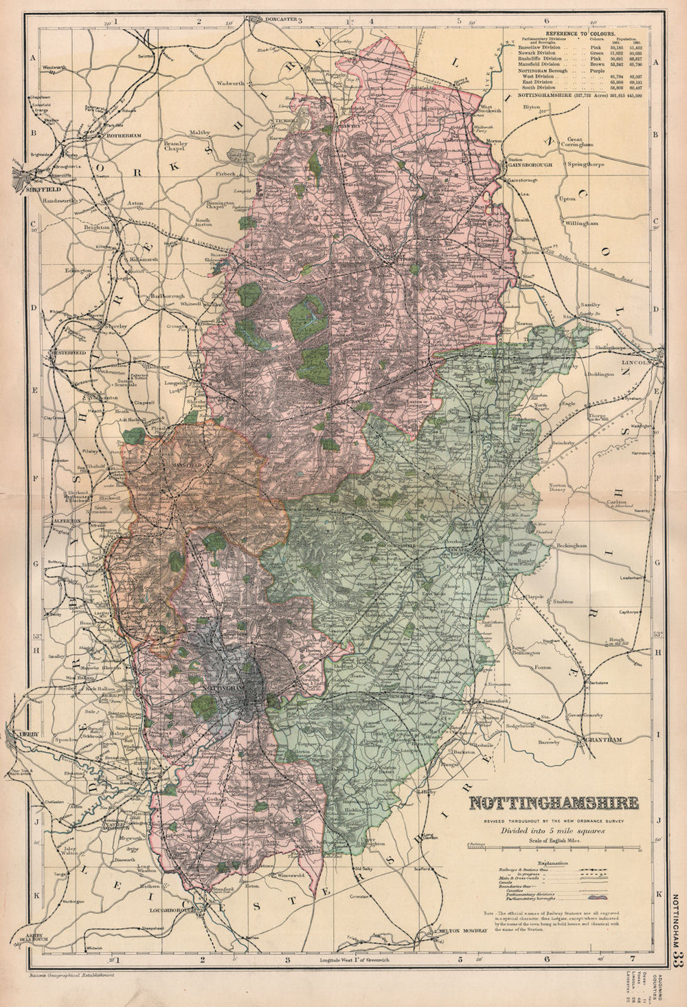 NOTTINGHAMSHIRE.Showing Parliamentary divisions,boroughs & parks.BACON 1896 map
