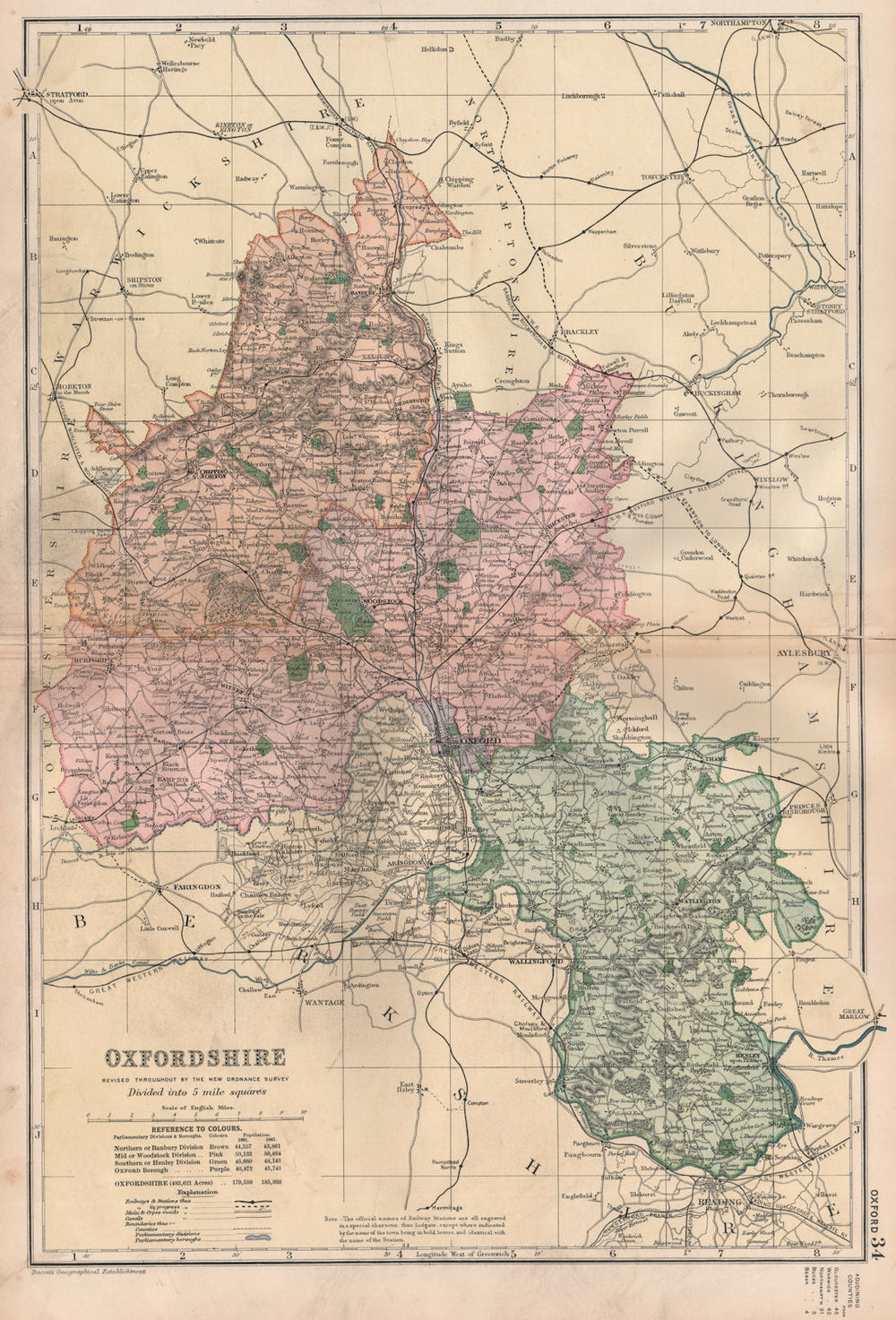 OXFORDSHIRE. Showing Parliamentary divisions, boroughs & parks. BACON 1896 map