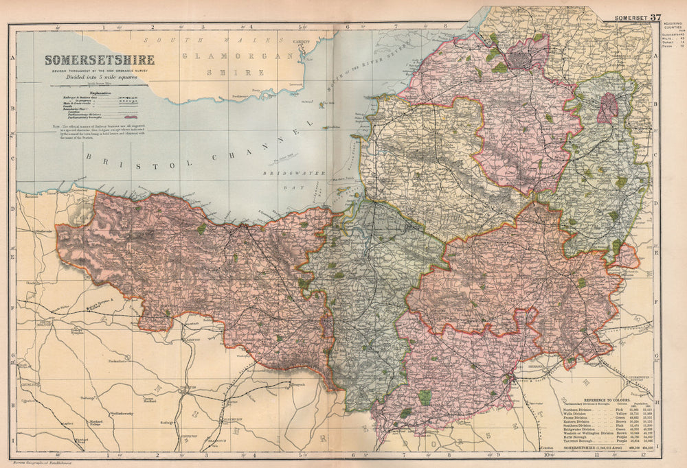 SOMERSETSHIRE. Showing Parliamentary divisions, boroughs & parks. BACON 1896 map