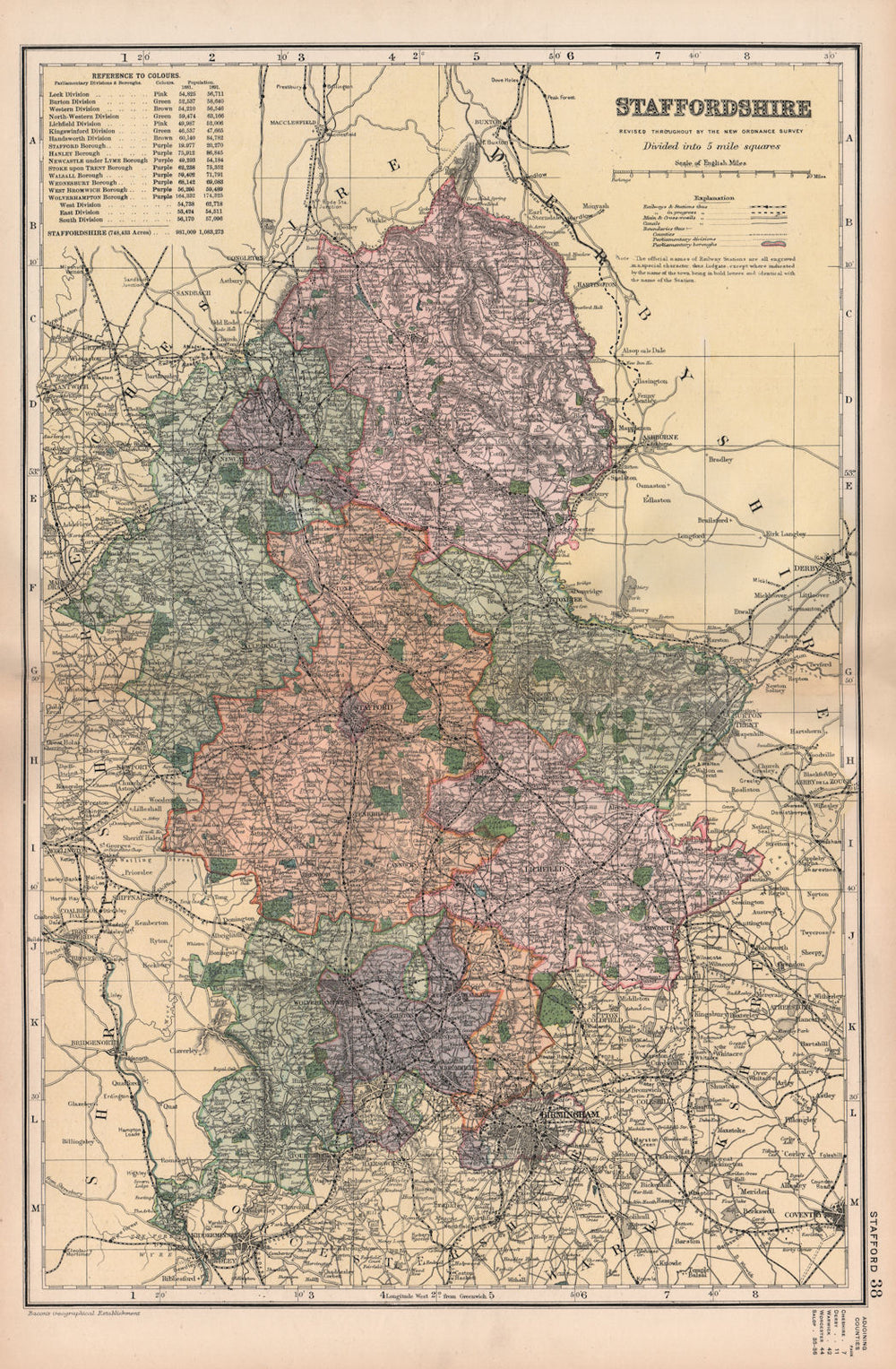 STAFFORDSHIRE. Showing Parliamentary divisions, boroughs & parks. BACON 1896 map