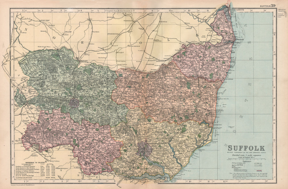 SUFFOLK. Showing Parliamentary divisions, boroughs & parks. BACON 1896 old map