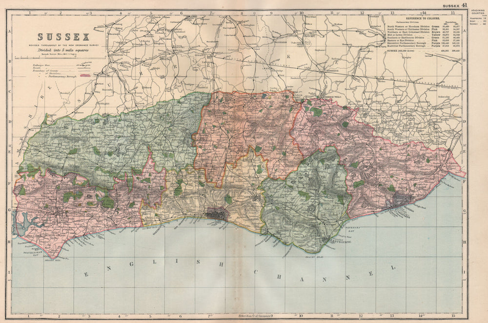 SUSSEX. Showing Parliamentary divisions, boroughs & parks. BACON 1896 old map