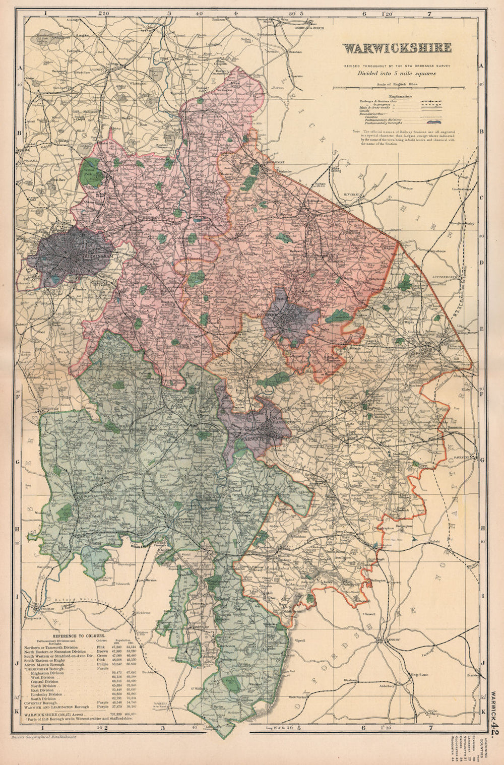 WARWICKSHIRE. Showing Parliamentary divisions, boroughs & parks. BACON 1896 map