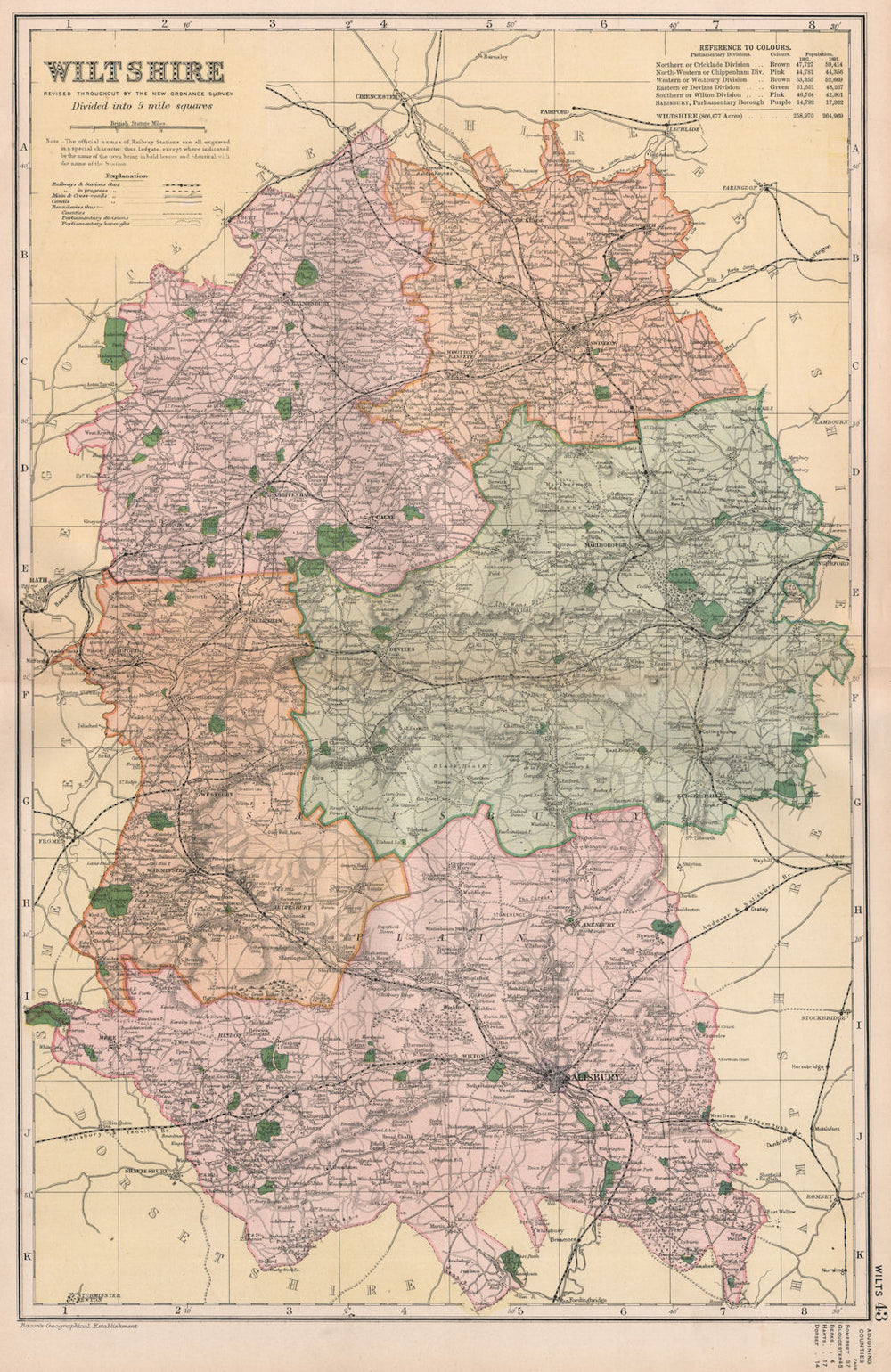 WILTSHIRE. Showing Parliamentary divisions, boroughs & parks. BACON 1896 map