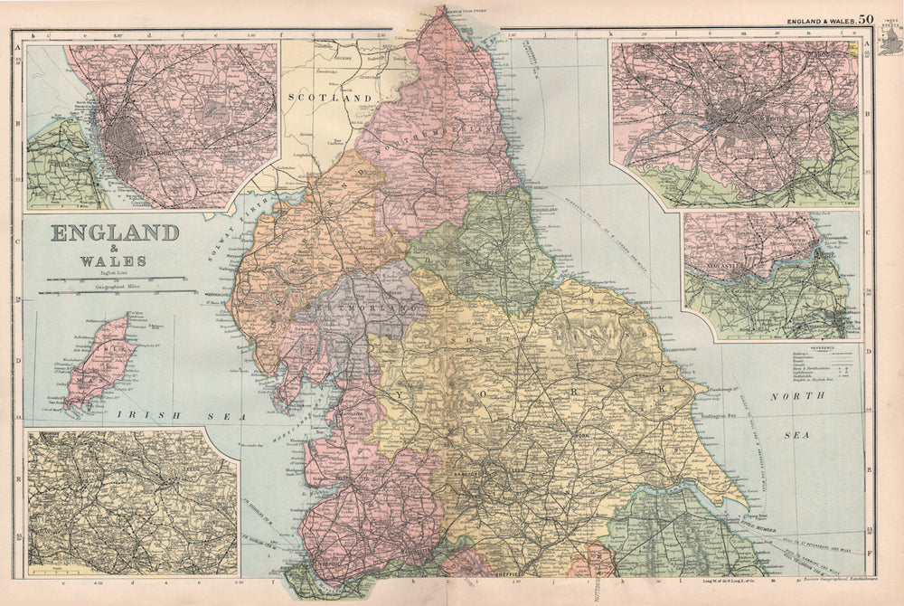 NORTHERN ENGLAND. inset Liverpool Leeds Manchester Newcastle. BACON 1896 map
