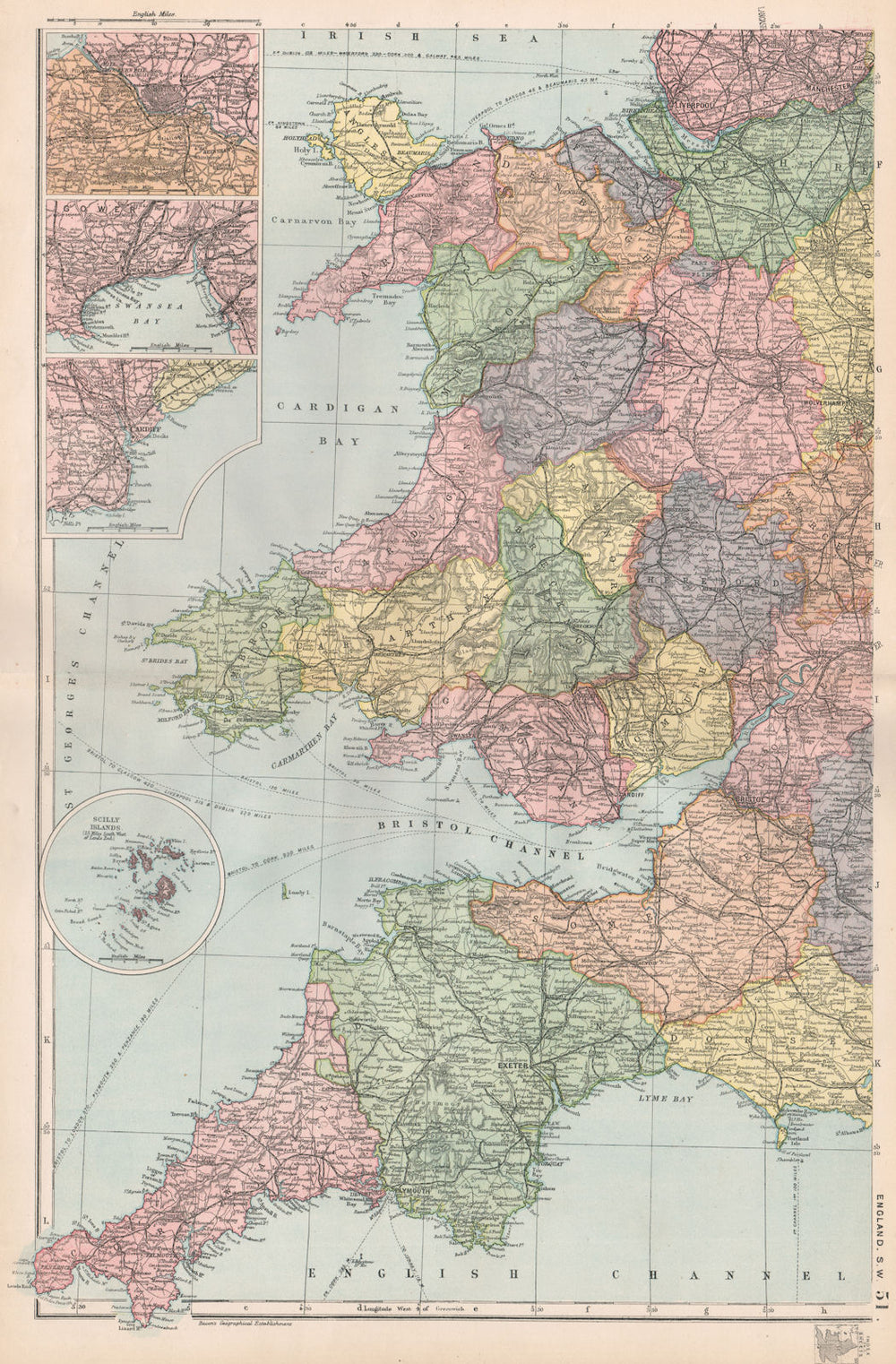 WALES & SOUTH WEST ENGLAND. inset Bristol Swansea Cardiff. BACON 1896 old map