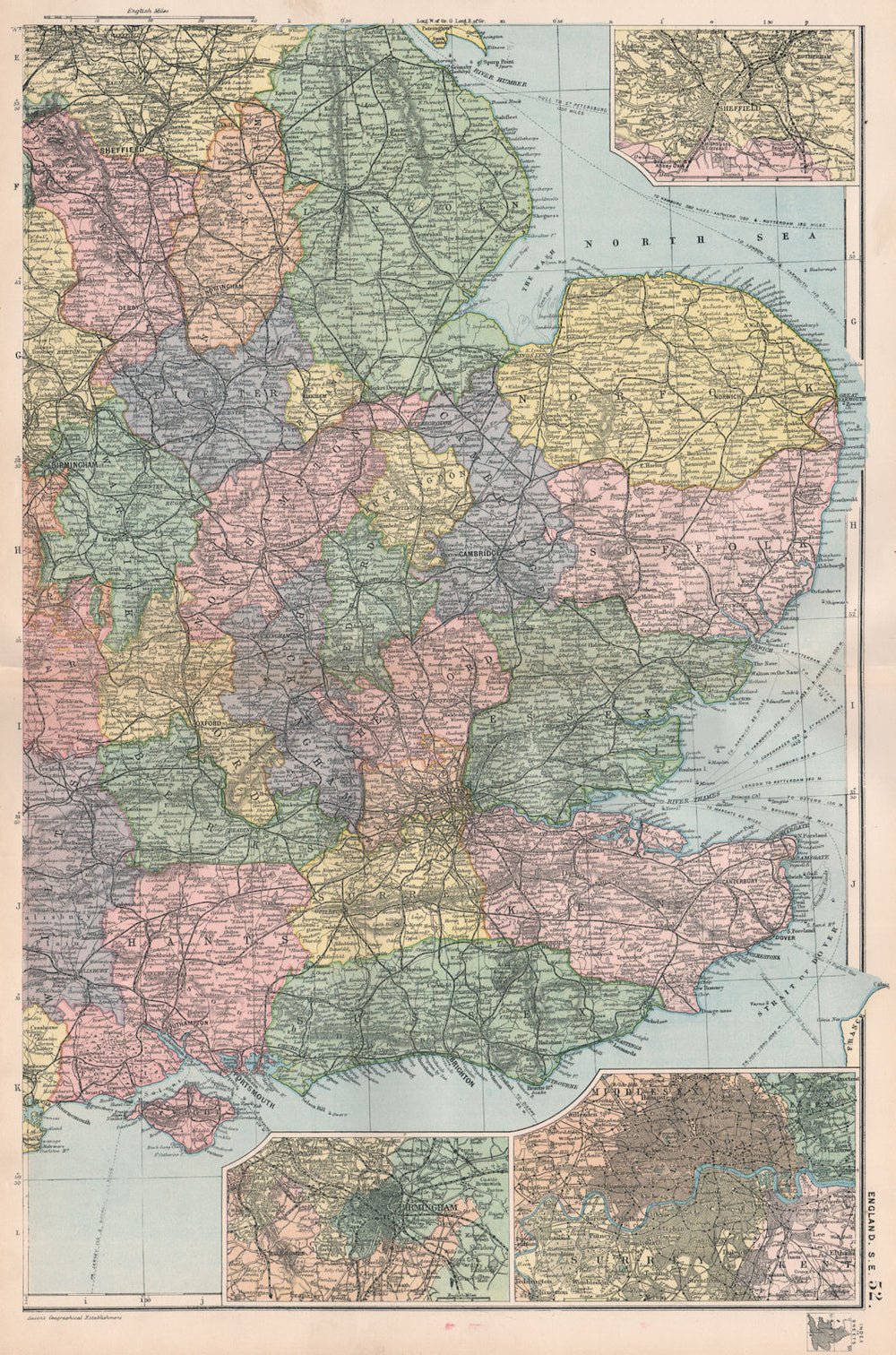 ENGLAND EAST. inset Sheffield Birmingham & London. BACON 1896 old antique map