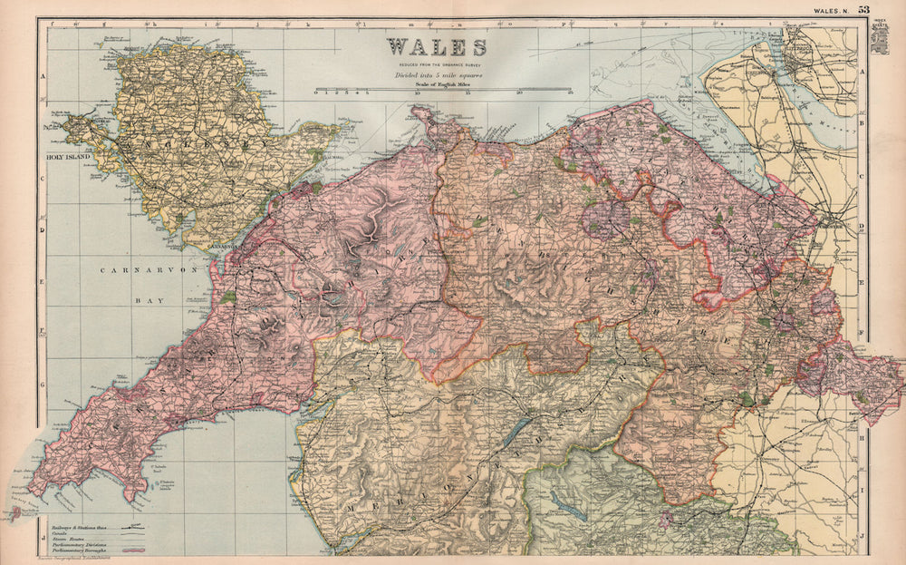NORTH WALES/SNOWDONIA. Anglesey Carnarvon/Denbigh/Flintshire. BACON 1896 map