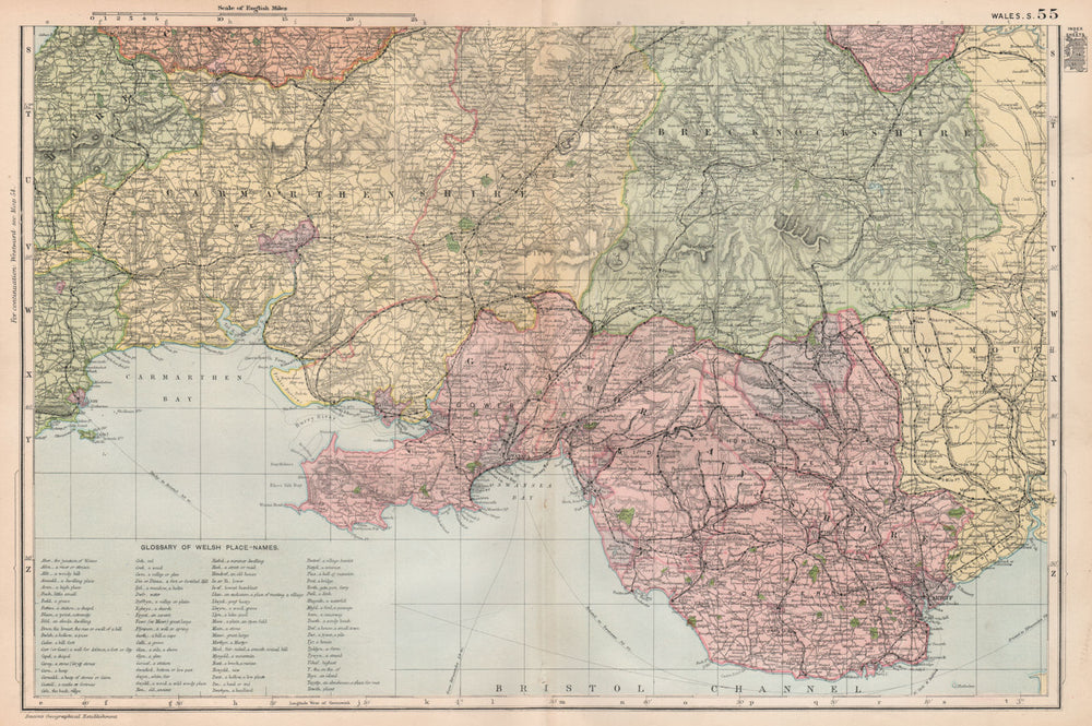 SOUTH WALES VALLEYS/BRECON BEACONS.Glamorgan Brecknock Carmarthen.BACON 1896 map