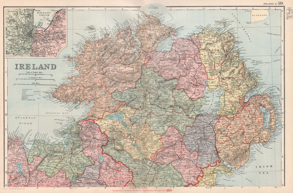 NORTHERN IRELAND.Ulster.Belfast.Parliamentary divisions boroughs.BACON 1896 map