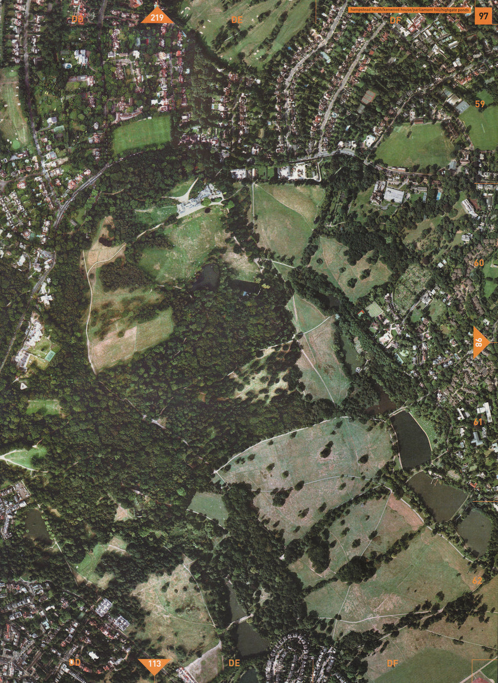 HAMPSTEAD HEATH NW3 N6 N2. Kenwood House Parliament Hill Highgate Ponds 2000 map