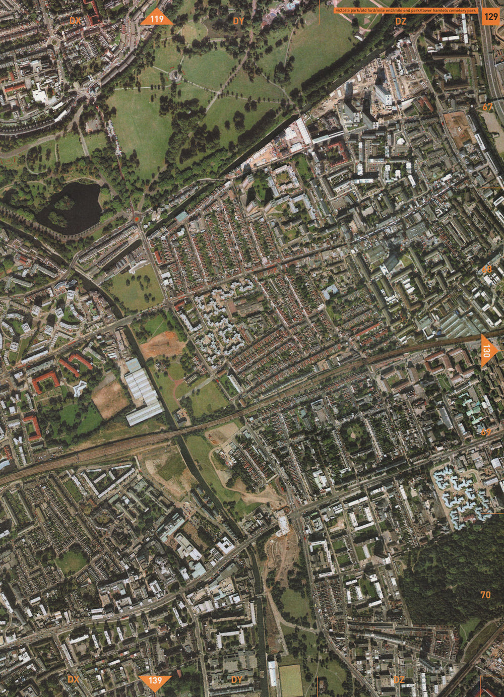 BOW E3 E9 E2 E1.Victoria Park Mile End Park Tower Hamlets Cemetery Park 2000 map