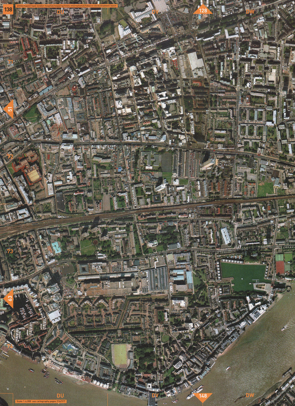 WHITECHAPEL E1. Royal London Hospital Wapping Tobacco Dock Shadwell 2000 map