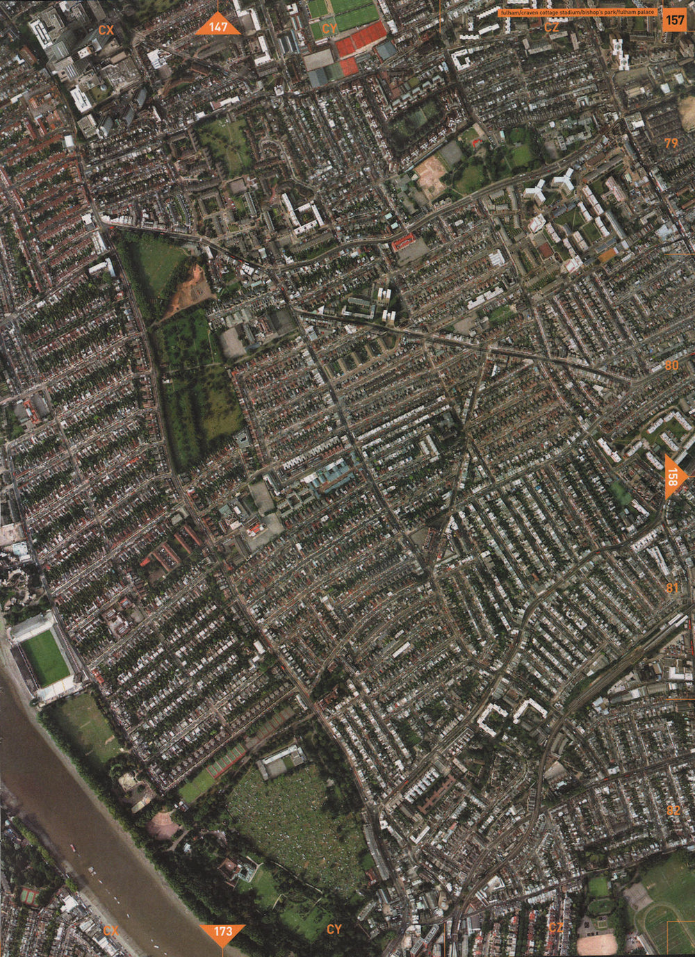 FULHAM SW6 W6 W14.Craven Cottage Bishops Park Fulham Palace Queens Club 2000 map