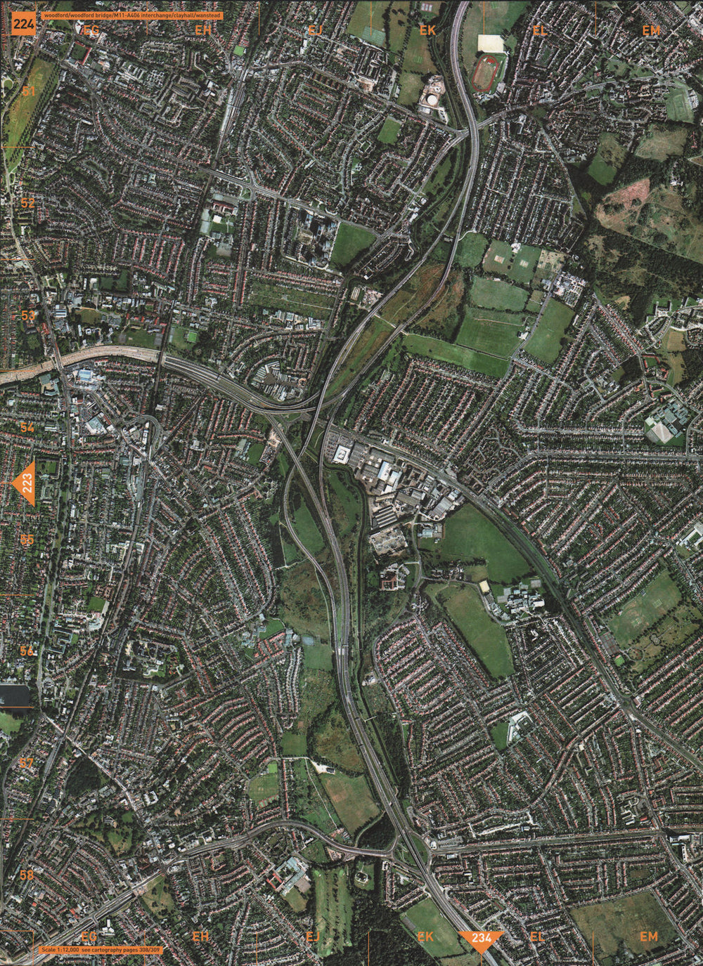 WOODFORD E18 E11. Bridge M11-A406 Interchange Clayhall Wanstead 2000 old map